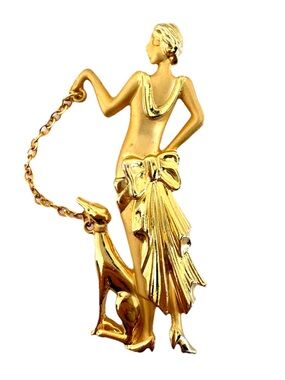 Lady Greyhound Whippet Brooch Pin Art Deco Dog Figural Costume Gold Tone